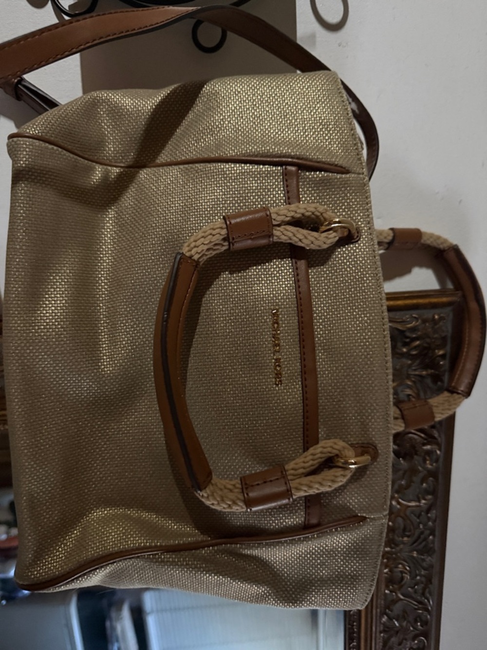 Gold and Brown Women’s Tote/Crossbody Bag - Leather Trim